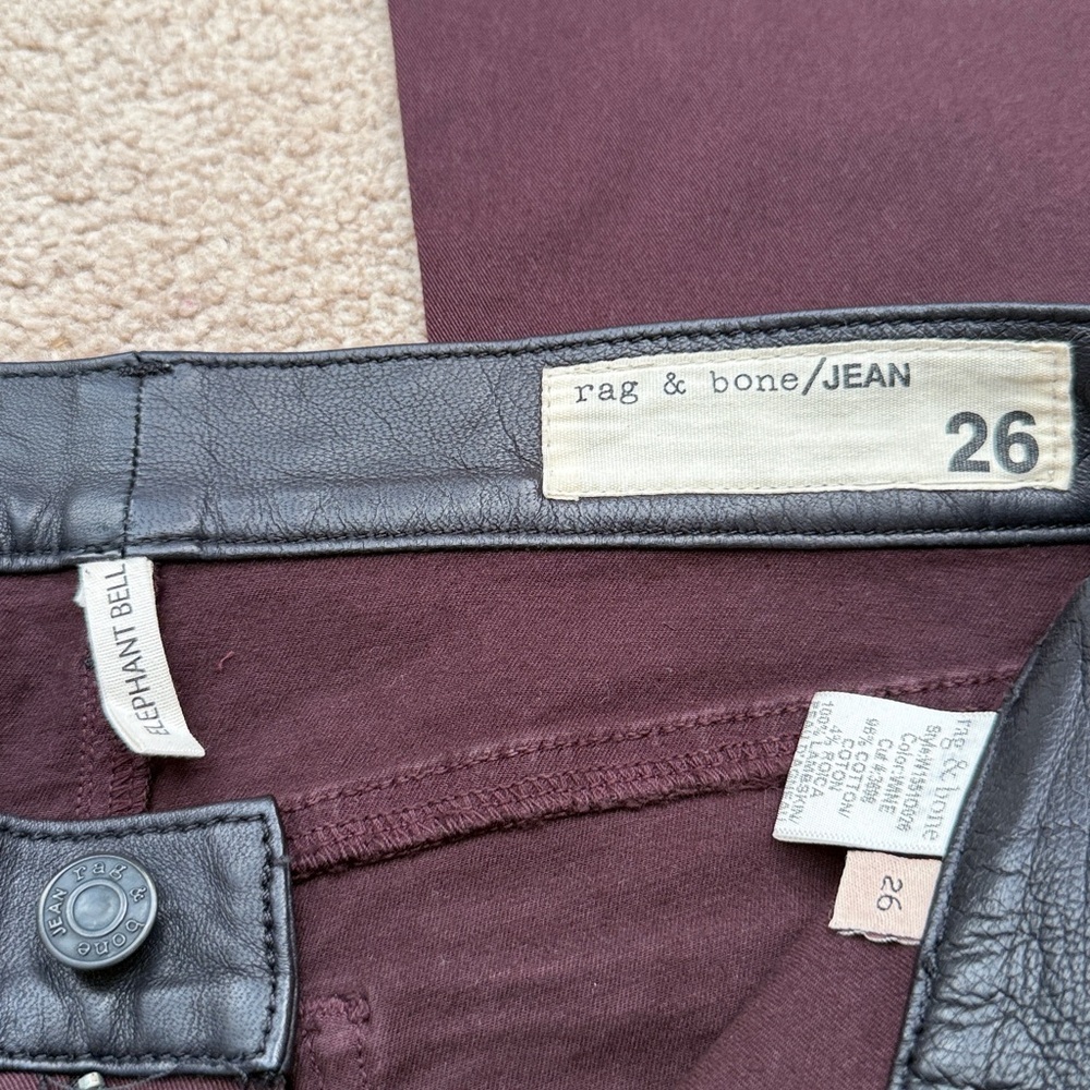Rag & Bone Elephant Bell Leg Wine Burgundy Wash with Leather Trim Jeans Size 26 - Picture 6 of 7